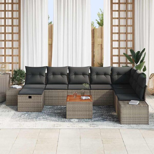 vidaXL Set de canapele pentru grădină cu pernă 9 pcs Gri Rattan poli