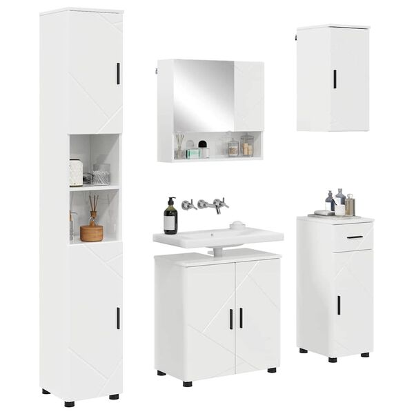 vidaXL Set de mobilier pentru baie cu sertar cu ușă 5 pcs Alb lucios