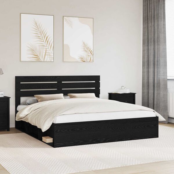 vidaXL Cadru de pat cu headboard Negru 200 x 200 cm Lemn de pin masiv