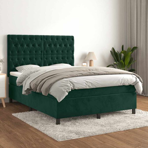 vidaXL Pat box spring cu saltea, verde &icirc;nchis, 140x190 cm, catifea