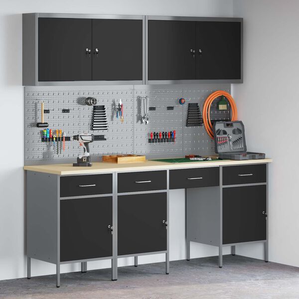 vidaXL Dulap de lucru cu sertar 10 pcs Negru Lemn ingineresc și oțel