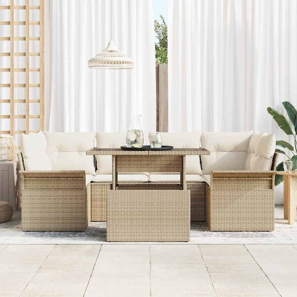 vidaXL Set de canapele pentru grădină cu pernă 7 pcs Bej Poli Rattan