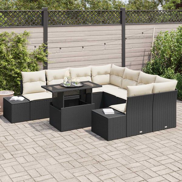 vidaXL Set de canapele pentru grădină cu pernă 9 pcs Negru și Crem