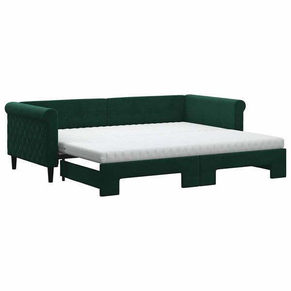 vidaXL Pat de zi cu extensie și saltele verde &icirc;nchis 90x200 cm catifea
