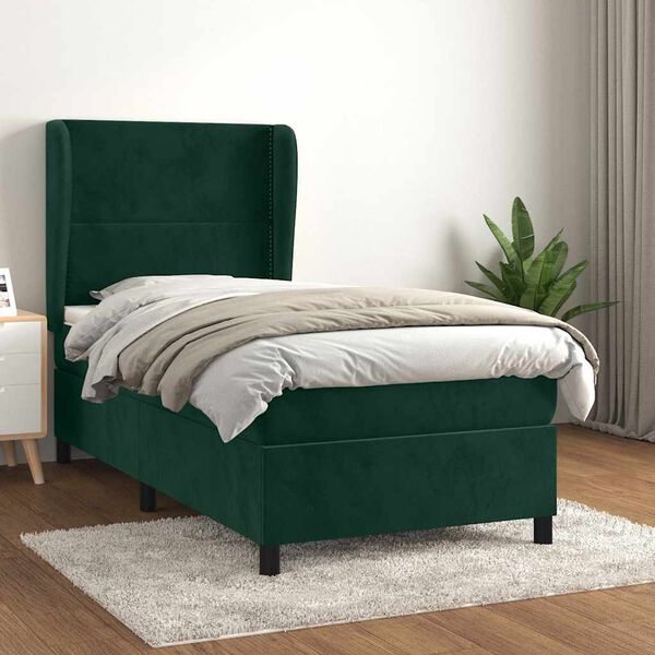 vidaXL Pat box spring cu saltea, verde &icirc;nchis, 100x200 cm, catifea