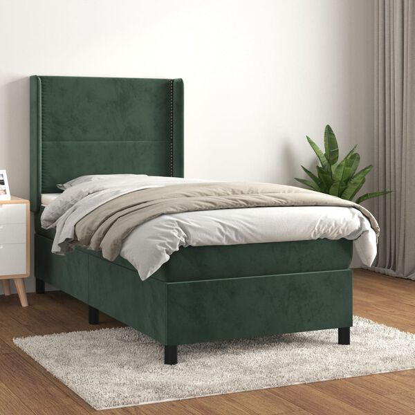 vidaXL Pat box spring cu saltea, verde &icirc;nchis, 80x200 cm, catifea