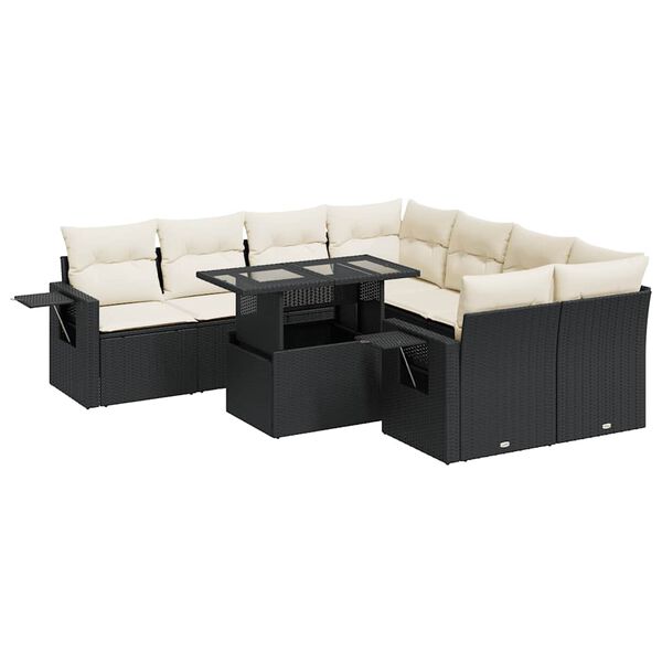vidaXL Set mobilier de grădină cu perne, 9 piese, negru, poliratan
