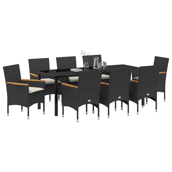 vidaXL Set de masă pentru grădină cu pernă 9 pcs Negru poliratan