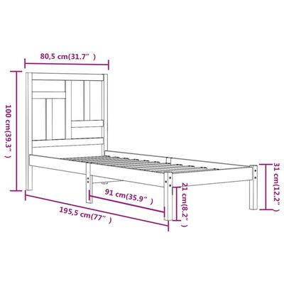 vidaXL Cadru de pat mic single, negru, 75x190 cm, lemn masiv