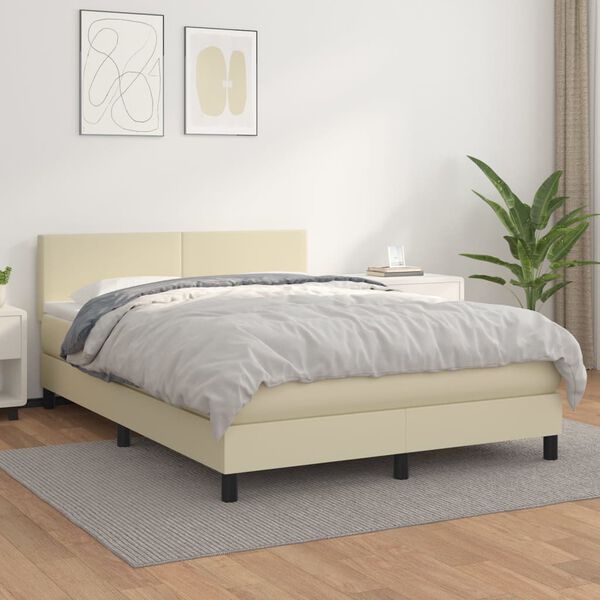 vidaXL Pat box spring cu saltea, crem, 140x200 cm, piele ecologică