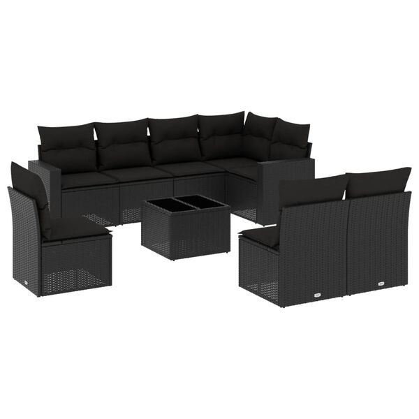 vidaXL Set mobilier de grădină cu perne, 9 piese, negru, poliratan