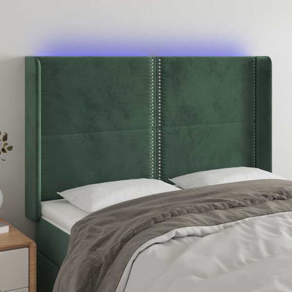 vidaXL Tăblie de pat cu LED, verde &icirc;nchis, 147x16x118/128 cm, catifea
