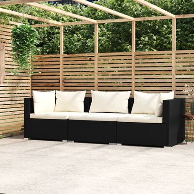 vidaXL Canapea de grădină cu perne, 3 locuri, negru, poliratan