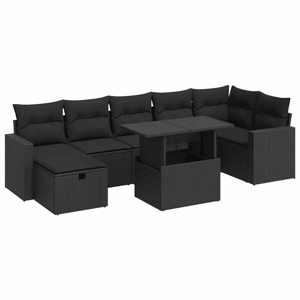 vidaXL Set mobilier de grădină cu perne, 8 piese, negru, poliratan