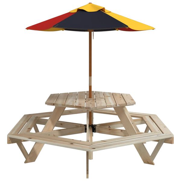 vidaXL Masă picnic pentru 6 copii cu umbrelă, hexagon, lemn masiv brad