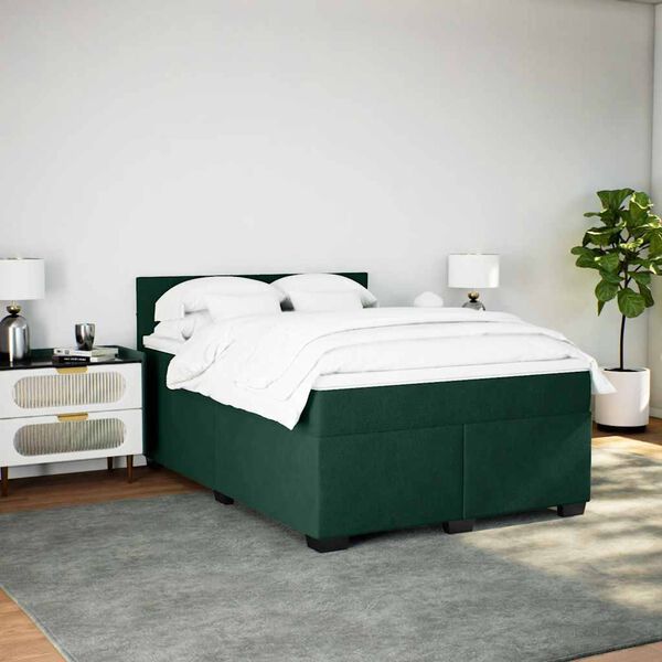 vidaXL Pat box spring cu saltea, verde &icirc;nchis, 160x200 cm, catifea