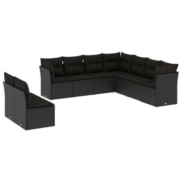 vidaXL Set mobilier de grădină cu perne, 9 piese, negru, poliratan