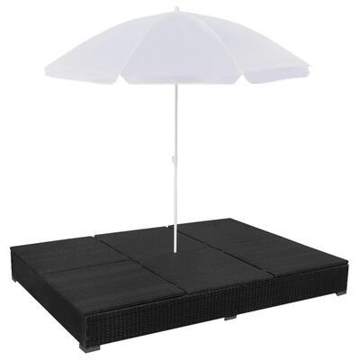 vidaXL Pat șezlong de exterior cu umbrelă, negru, poliratan