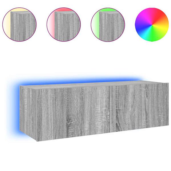 vidaXL Comodă TV de perete cu lumini LED, gri sonoma, 100x35x31 cm