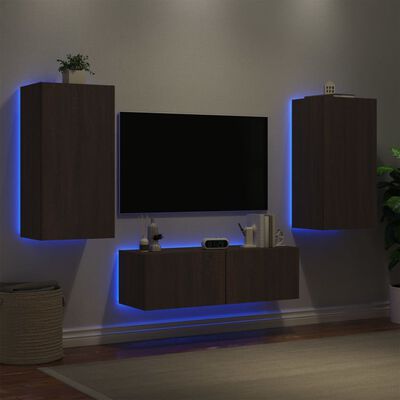 vidaXL Comode TV de perete cu lumini LED, 3 piese, stejar maro