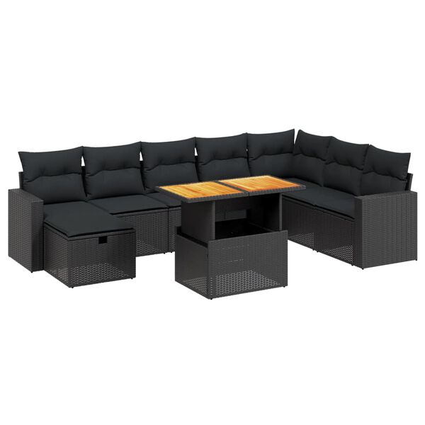 vidaXL Set mobilier de grădină cu perne, 9 piese, negru, poliratan