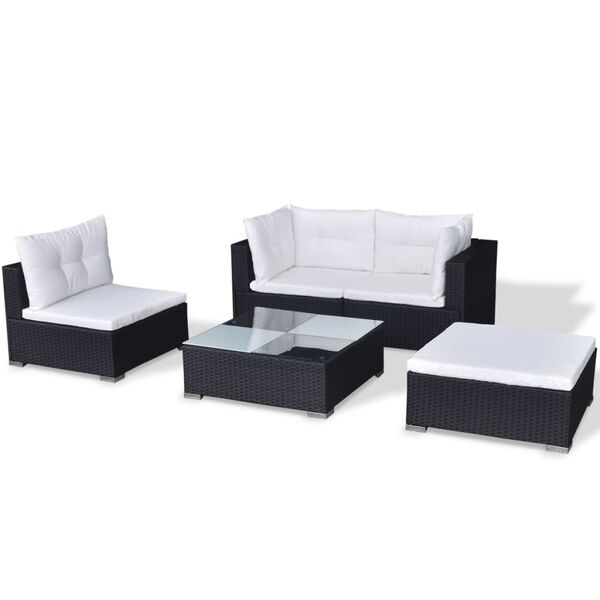 vidaXL Set mobilier de grădină cu perne, 5 piese, negru, poliratan