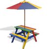 vidaXL Masă de picnic pentru copii cu bănci și umbrelă, lemn multicolor
