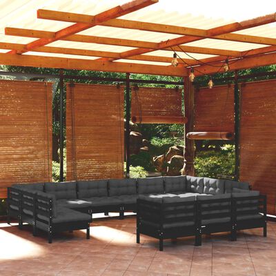 vidaXL Set mobilier grădină cu perne, 13 piese, negru, lemn de pin