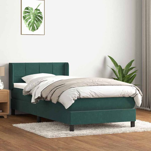vidaXL Pat box spring cu saltea, verde &icirc;nchis, 80x210 cm, catifea