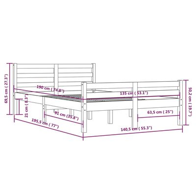 vidaXL Cadru de pat dublu 4FT6, 135x190 cm, lemn masiv