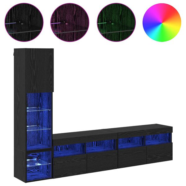 vidaXL Unitate TV de Perete cu led 4 pcs Stejar Negru Lemn compozit