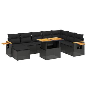 vidaXL Set mobilier de grădină cu perne, 9 piese, negru, poliratan