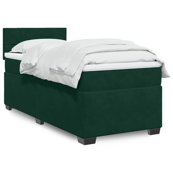 vidaXL Pat box spring cu saltea, verde &icirc;nchis, 100x200 cm, catifea