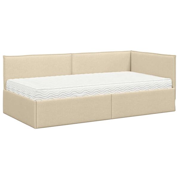 vidaXL Cadru de pat colțar cu saltea cu headboard 2 pcs Crem Catifea