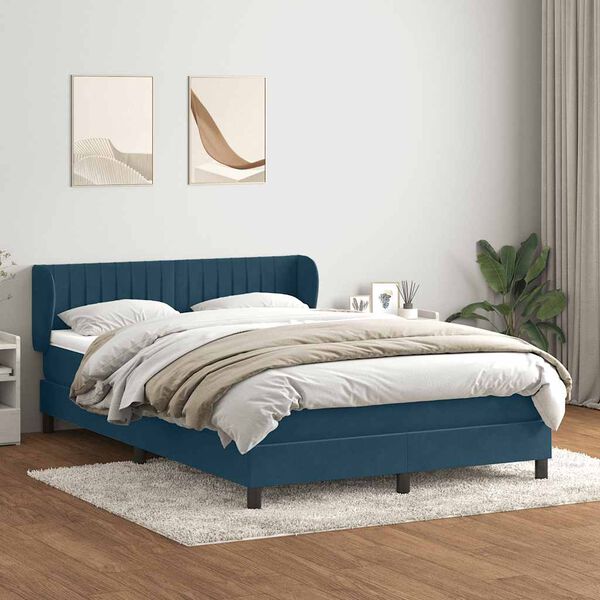 vidaXL Pat box spring cu saltea, albastru &icirc;nchis, 140x220 cm, catifea