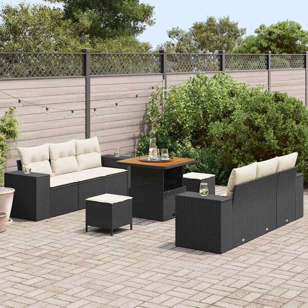 vidaXL Set de canapele pentru grădină 9 pcs Negru și Crem Poli Rattan