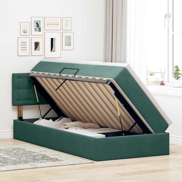 vidaXL Pat cu storage cu saltea Verde &icirc;nchis 100 x 200 cm Catifea