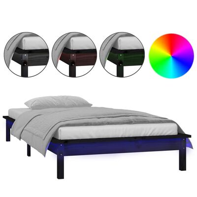 vidaXL Cadru de pat LED mic single, negru, 75x190 cm, lemn masiv