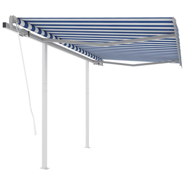 vidaXL Copertină retractabilă automat cu st&acirc;lpi, albastru/alb, 3x2,5 m