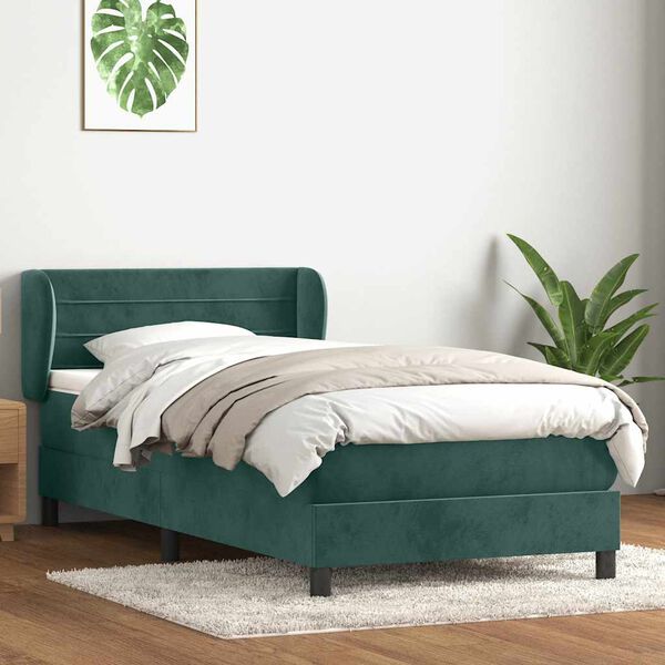 vidaXL Pat box spring cu saltea, verde &icirc;nchis, 80x210 cm, catifea