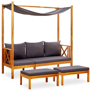 vidaXL Bancă de grădină cu copertină şi taburete, lemn masiv de acacia