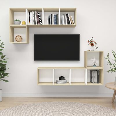 vidaXL Set dulapuri TV, 4 piese, alb și stejar sonoma, lemn prelucrat