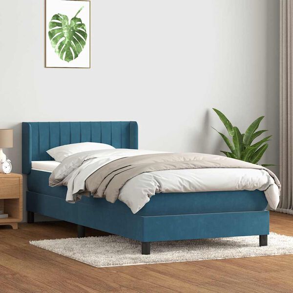 vidaXL Pat box spring cu saltea, albastru &icirc;nchis, 100x210 cm, catifea