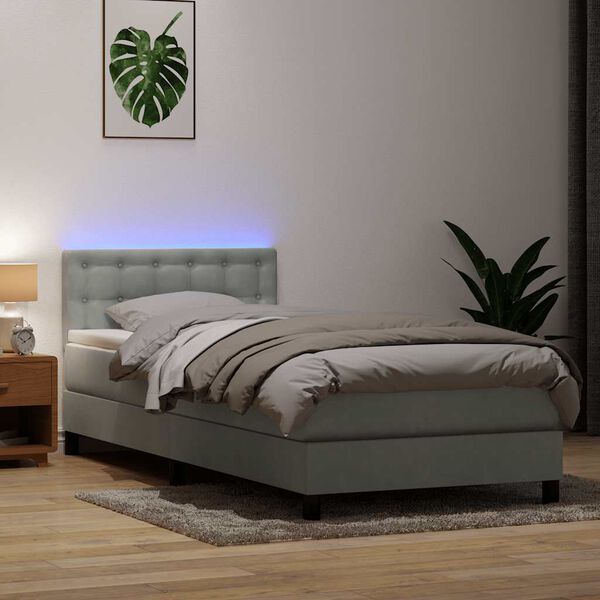 vidaXL Pat cu arcuri cu saltea și LED, gri deschis, 90x220 cm, catifea