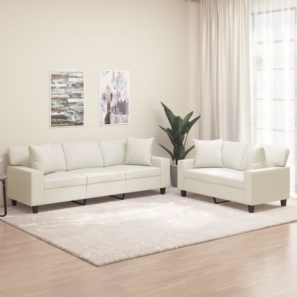 vidaXL Set de canapele cu perne, 2 piese, crem, piele ecologică