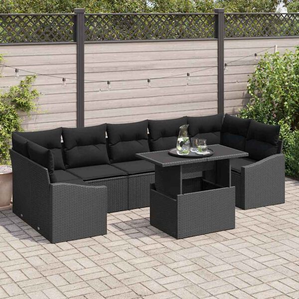 vidaXL Set de canapele pentru grădină cu pernă 8 pcs Negru poliratan