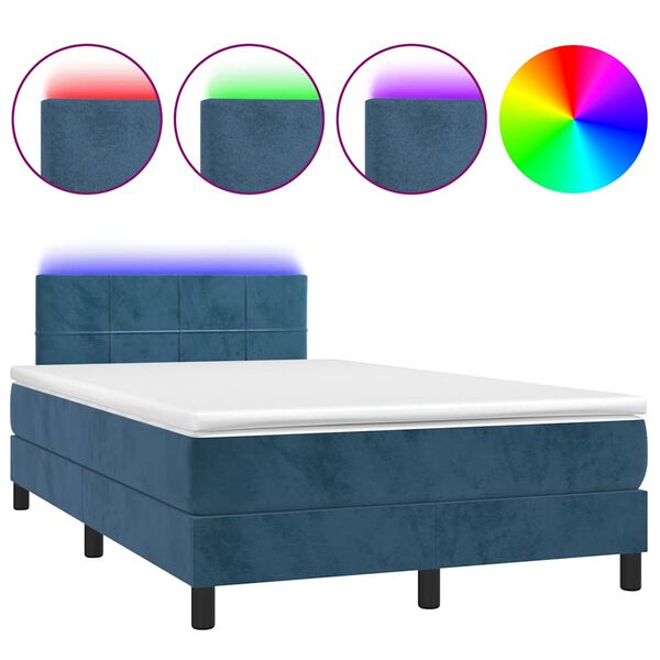 vidaXL Pat box spring cu saltea/LED albastru &icirc;nchis 120x190cm catifea