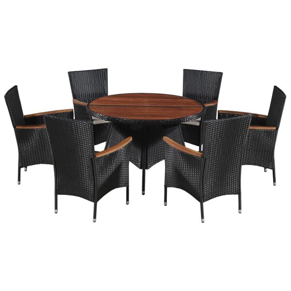 vidaXL Set mobilier de exterior 7 piese negru, poliratan, lemn acacia