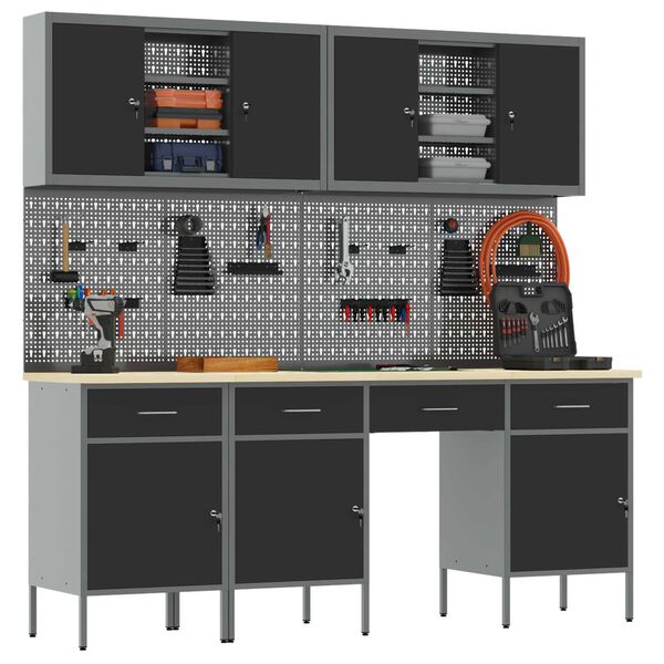 vidaXL Banc de lucru cu sertar 10 pcs Negru 200 x 55 x 200 cm Oțel