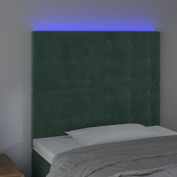 vidaXL Tăblie de pat cu LED, verde &icirc;nchis, 80x5x118/128 cm, catifea